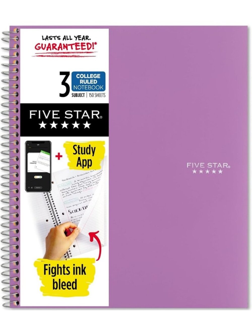 3 Subject College Ruled Spiral Notebook Set, 150 Sheets, Water Resistant Cover